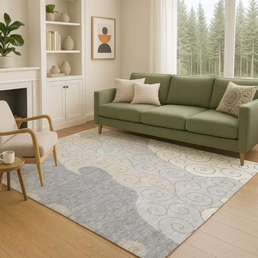Silver And Beige Abstract Washable Indoor Outdoor Area Rug Photo 5