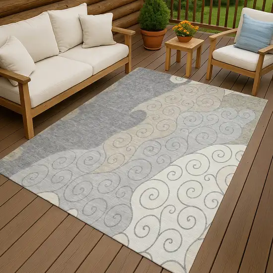 Silver And Beige Abstract Washable Indoor Outdoor Area Rug Photo 4