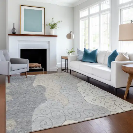 Silver And Beige Abstract Washable Indoor Outdoor Area Rug Photo 6