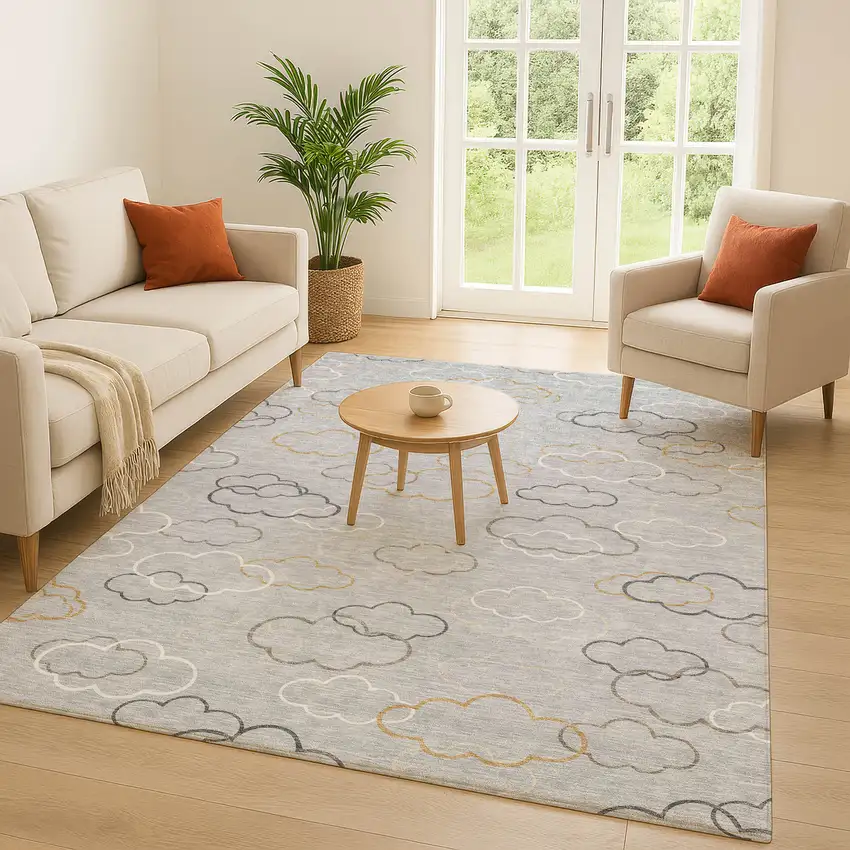 Silver And Beige Abstract Washable Indoor Outdoor Area Rug Photo 5