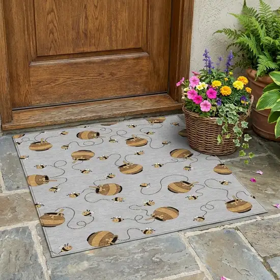 Silver And Beige Geometric Washable Indoor Outdoor Area Rug Photo 1