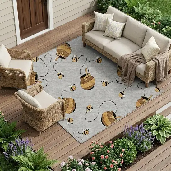 Silver And Beige Geometric Washable Indoor Outdoor Area Rug Photo 1