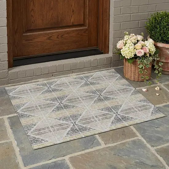 Silver And Beige Geometric Washable Indoor Outdoor Area Rug Photo 1