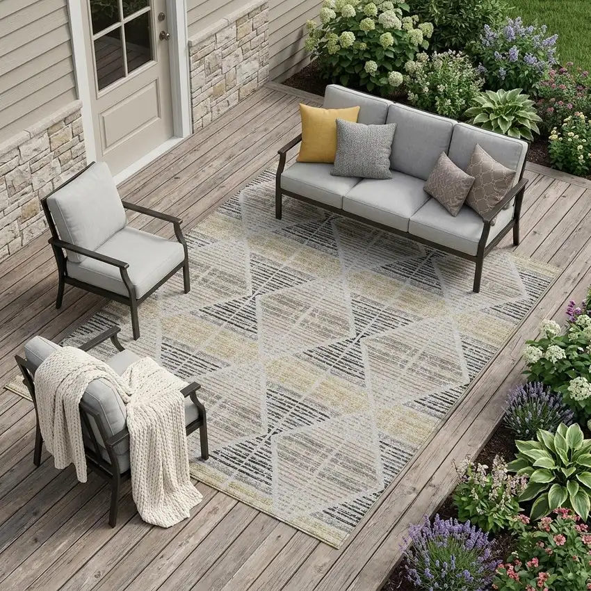 Silver And Beige Geometric Washable Indoor Outdoor Area Rug Photo 1