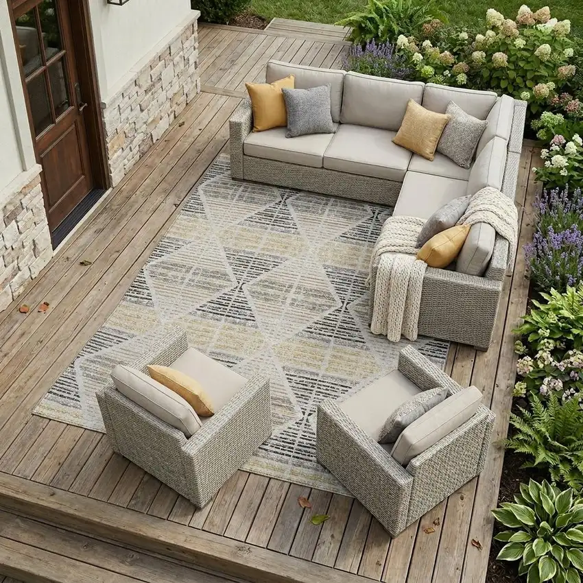 Silver And Beige Geometric Washable Indoor Outdoor Area Rug Photo 1