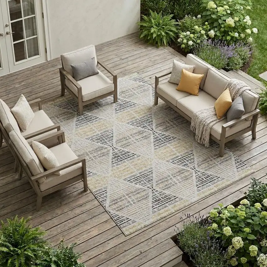 Silver And Beige Geometric Washable Indoor Outdoor Area Rug Photo 1