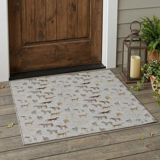 Silver And Beige Horse Washable Indoor Outdoor Area Rug Photo 1