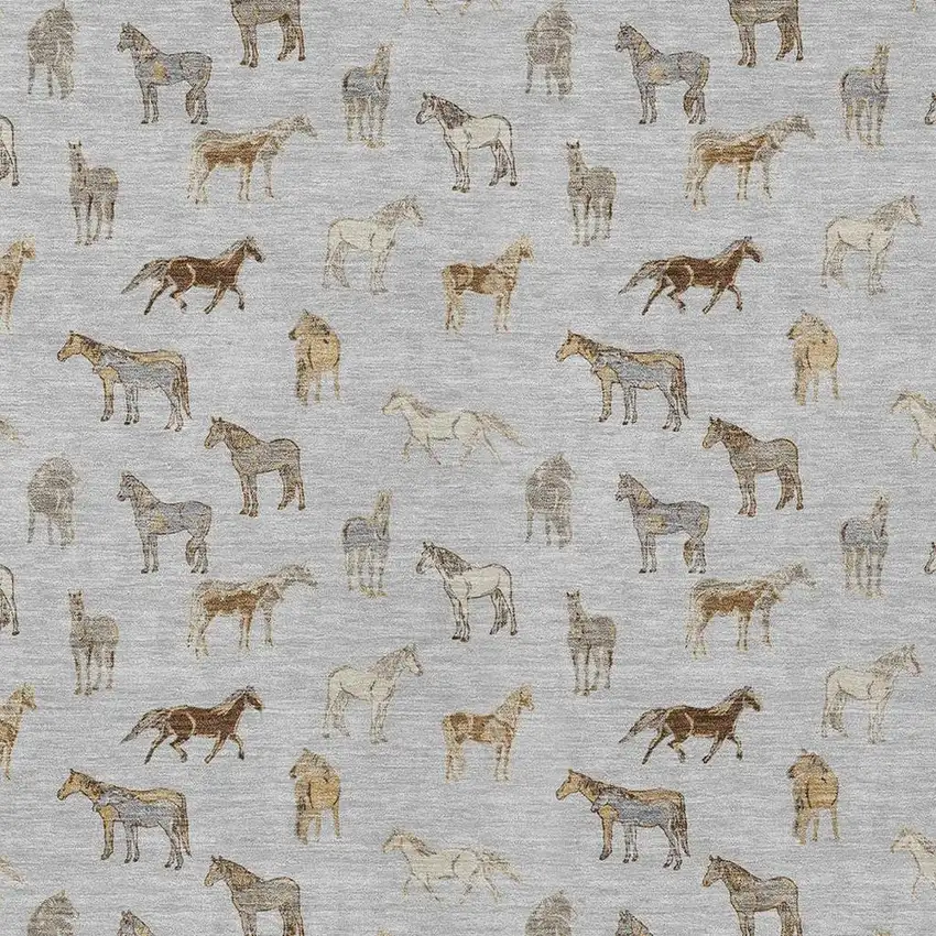 Silver And Beige Horse Washable Indoor Outdoor Area Rug Photo 3