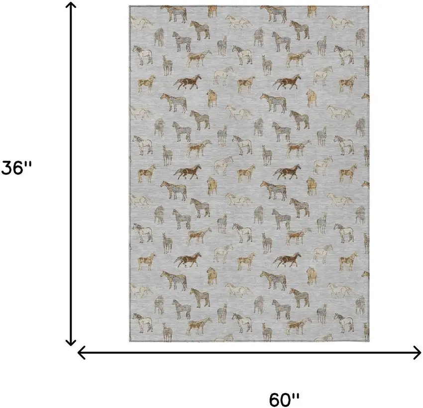 Silver And Beige Horse Washable Indoor Outdoor Area Rug Photo 7