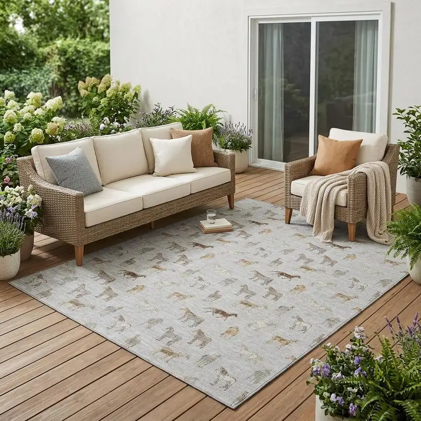 Silver And Beige Horse Washable Indoor Outdoor Area Rug Photo 1
