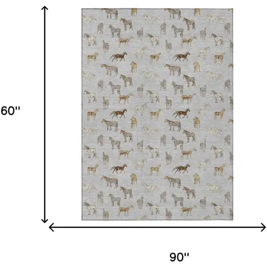 Silver And Beige Horse Washable Indoor Outdoor Area Rug Photo 7