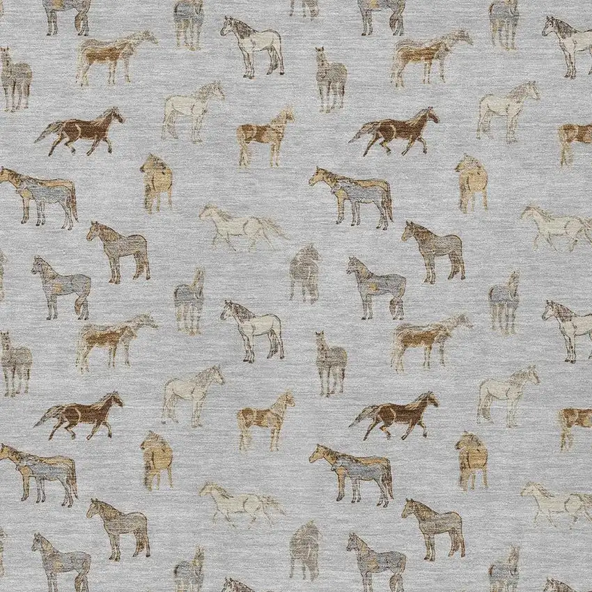 Silver And Beige Horse Washable Indoor Outdoor Area Rug Photo 3