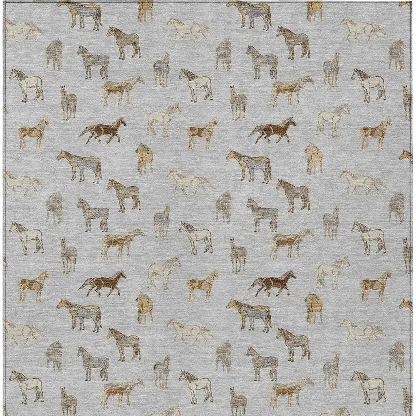 Silver And Beige Horse Washable Indoor Outdoor Area Rug Photo 4