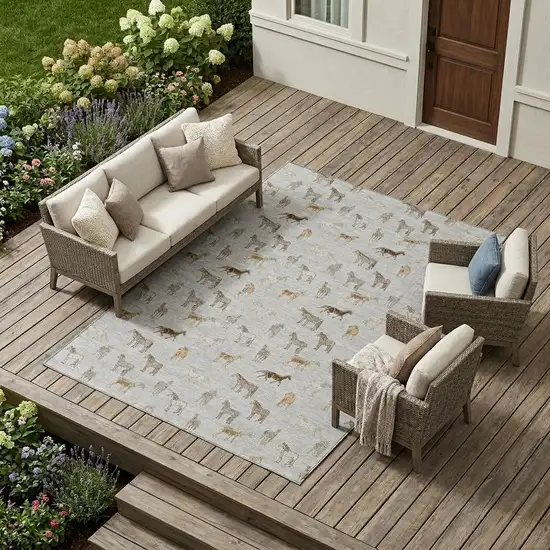 Silver And Beige Horse Washable Indoor Outdoor Area Rug Photo 1