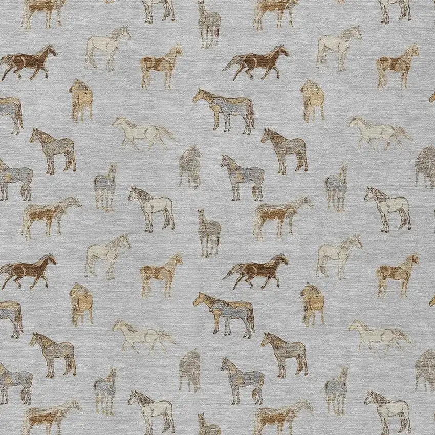 Silver And Beige Horse Washable Indoor Outdoor Area Rug Photo 3