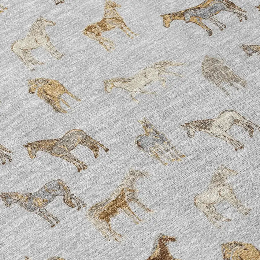 Silver And Beige Horse Washable Indoor Outdoor Area Rug Photo 6