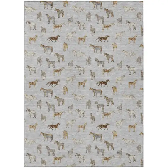 Silver And Beige Horse Washable Indoor Outdoor Area Rug Photo 2