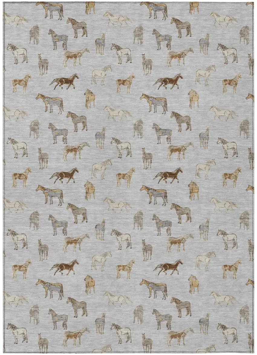 Silver And Beige Horse Washable Indoor Outdoor Area Rug Photo 2