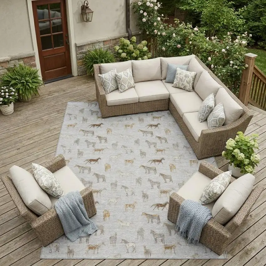 Silver And Beige Horse Washable Indoor Outdoor Area Rug Photo 1