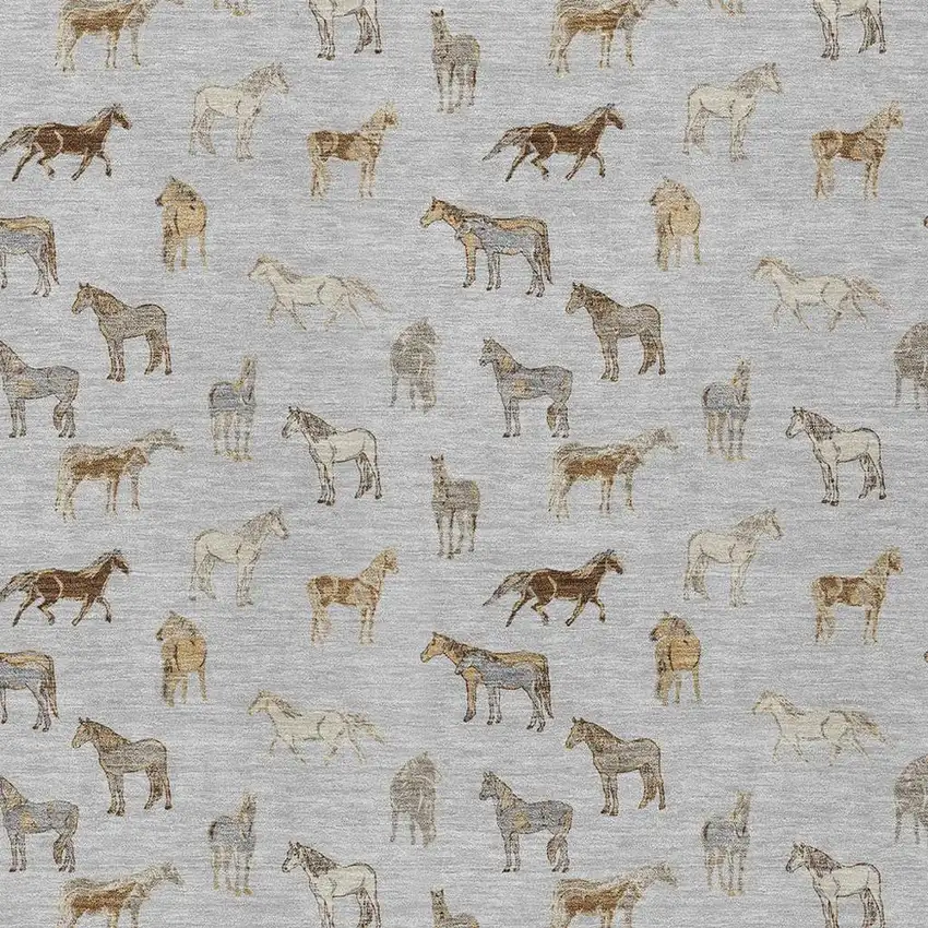 Silver And Beige Horse Washable Indoor Outdoor Area Rug Photo 3