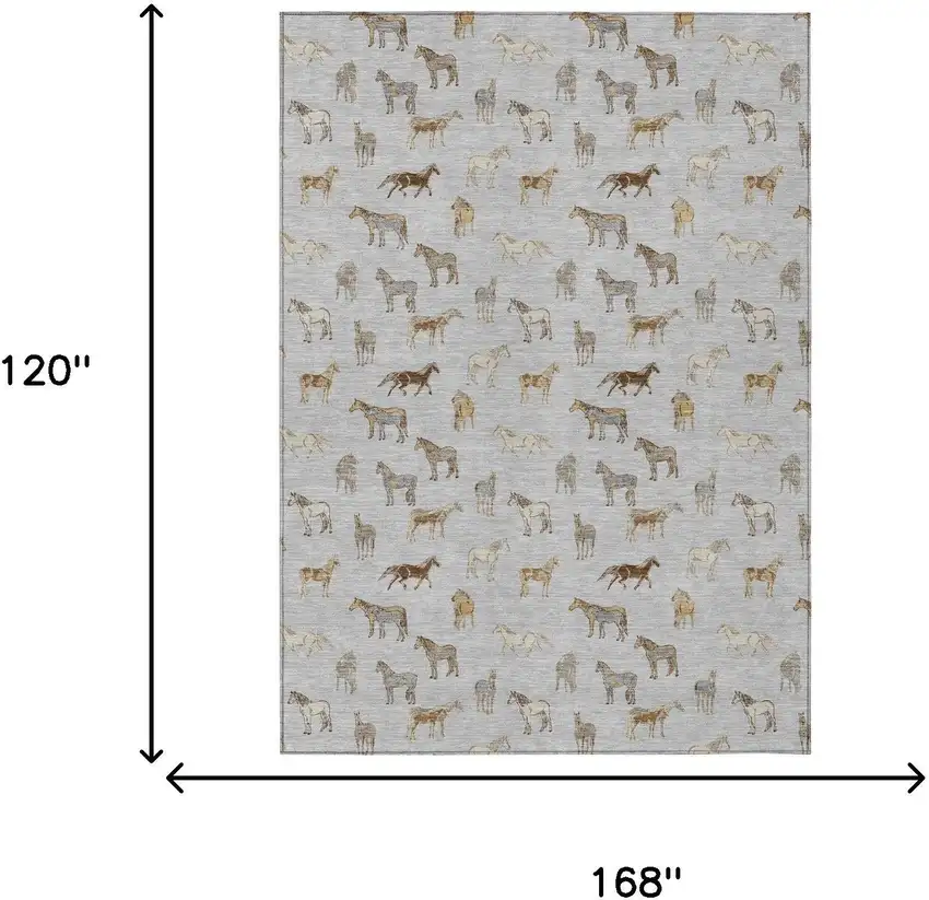 Silver And Beige Horse Washable Indoor Outdoor Area Rug Photo 7