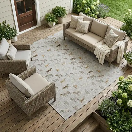 Silver And Beige Horse Washable Indoor Outdoor Area Rug Photo 1