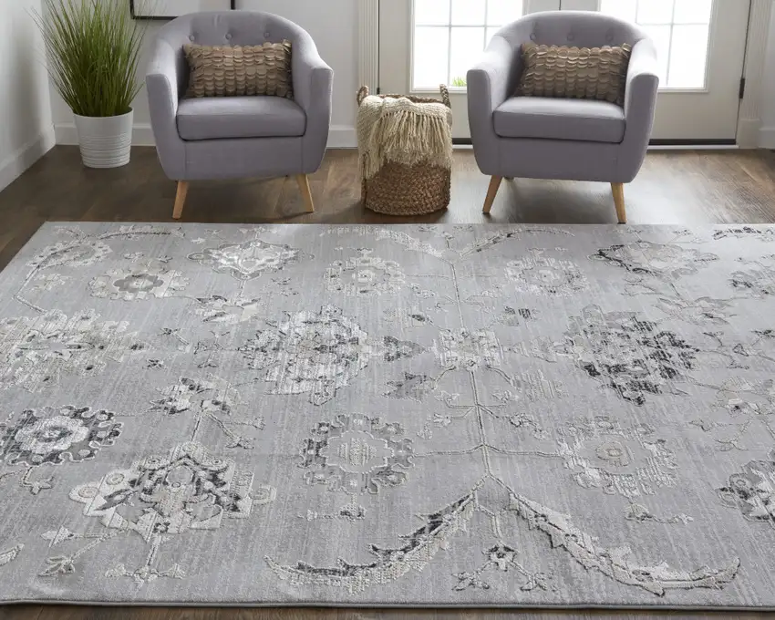 Silver And Black Floral Power Loom Distressed Area Rug Photo 2