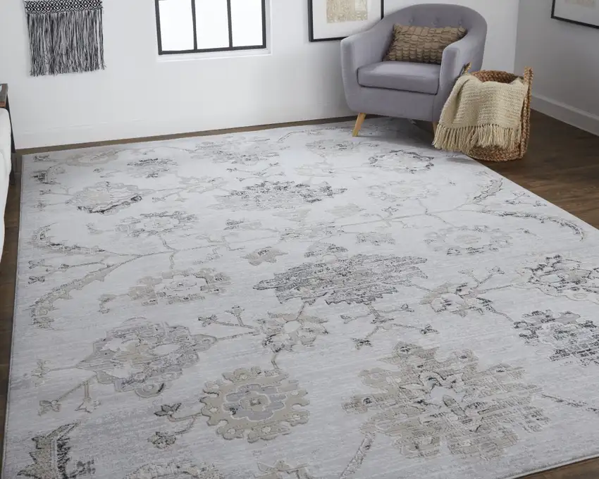 Silver And Black Floral Power Loom Distressed Area Rug Photo 1