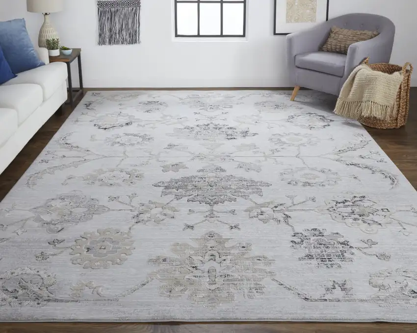 Silver And Black Floral Power Loom Distressed Area Rug Photo 6