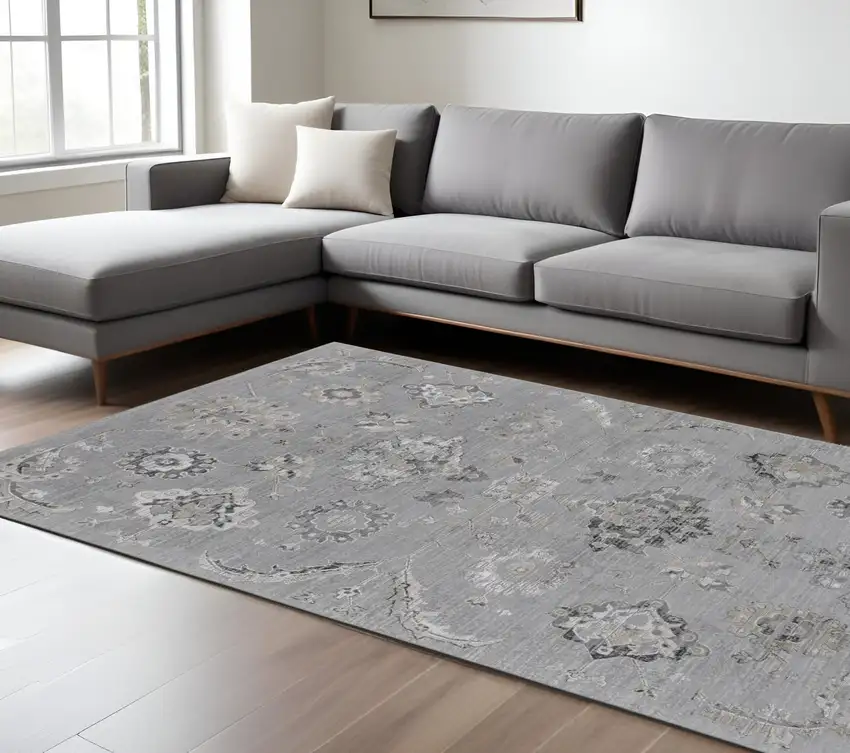 Black and Silver Floral Power Loom Distressed Non Skid Area Rug Photo 1