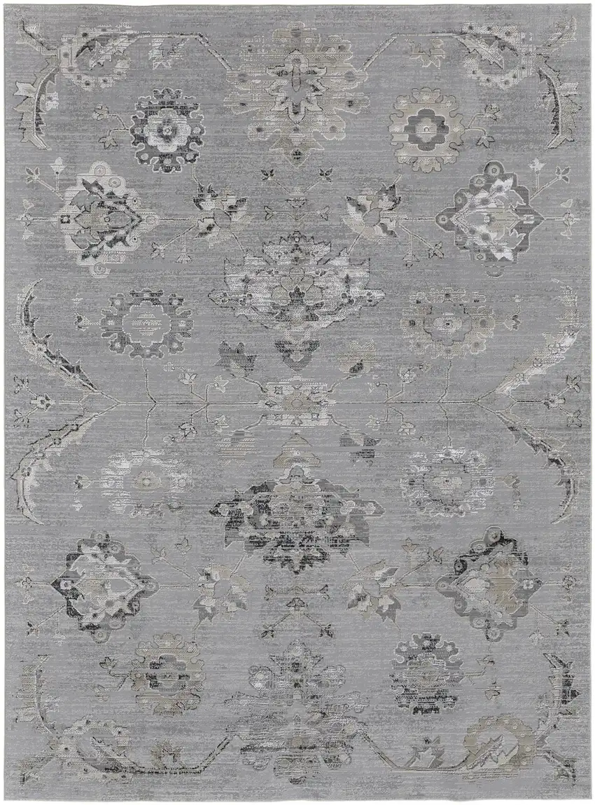 Silver And Black Floral Power Loom Distressed Area Rug Photo 7