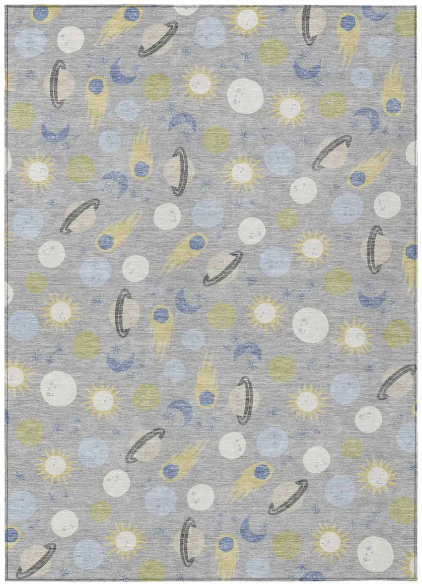 Silver And Blue Geometric Washable Indoor Outdoor Area Rug Photo 1