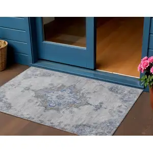 Photo of Silver And Blue Medallion Washable Indoor Outdoor Area Rug