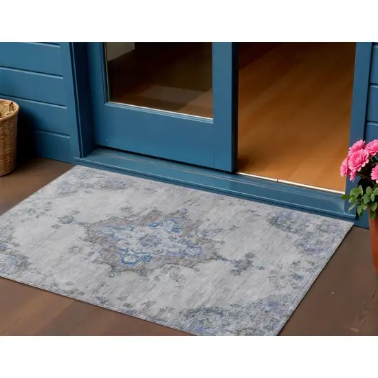 Silver And Blue Medallion Washable Indoor Outdoor Area Rug Photo 1