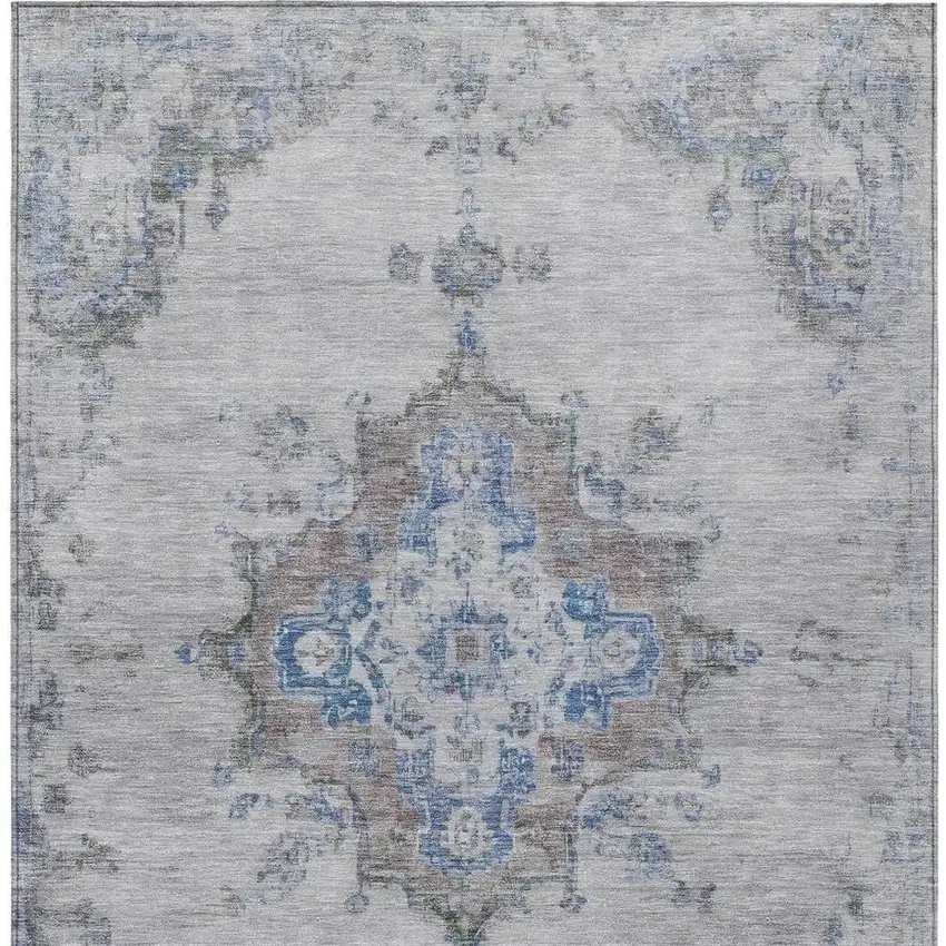 Silver And Blue Medallion Washable Indoor Outdoor Area Rug Photo 4