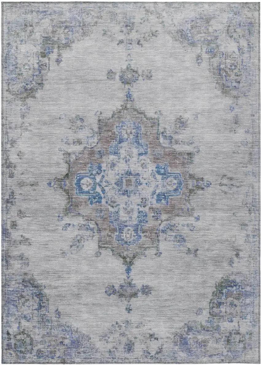 Silver And Blue Medallion Washable Indoor Outdoor Area Rug Photo 2