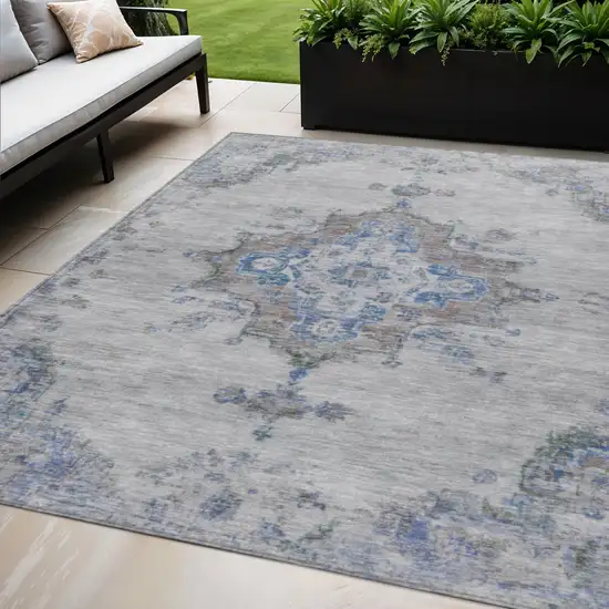 Silver And Blue Medallion Washable Indoor Outdoor Area Rug Photo 1