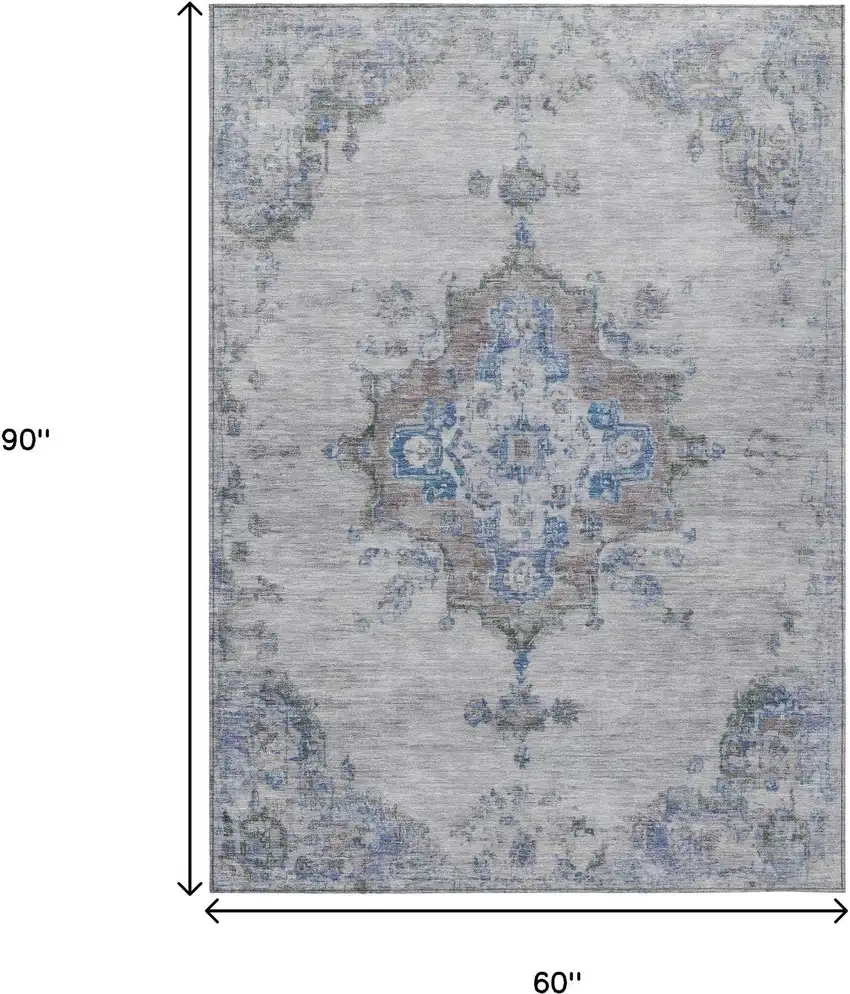 Silver And Blue Medallion Washable Indoor Outdoor Area Rug Photo 3