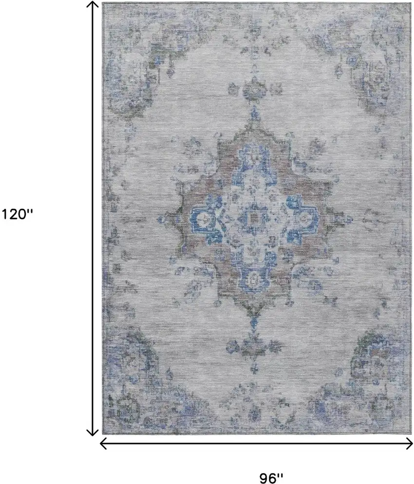 Silver And Blue Medallion Washable Indoor Outdoor Area Rug Photo 3