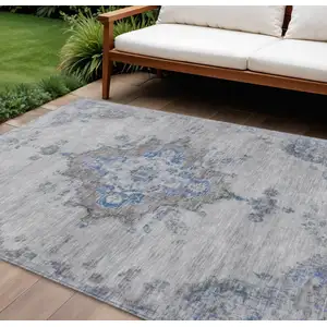 Photo of Silver And Blue Medallion Washable Indoor Outdoor Area Rug