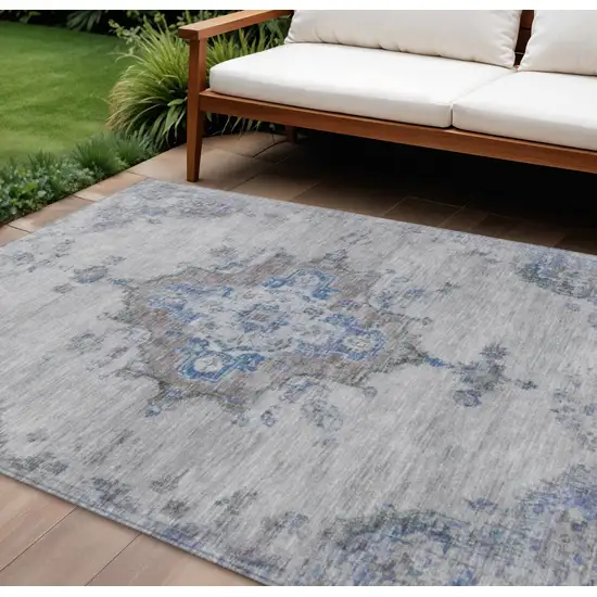 Silver And Blue Medallion Washable Indoor Outdoor Area Rug Photo 1