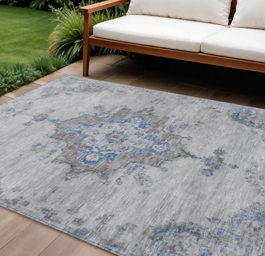 Silver And Blue Medallion Washable Indoor Outdoor Area Rug Photo 1