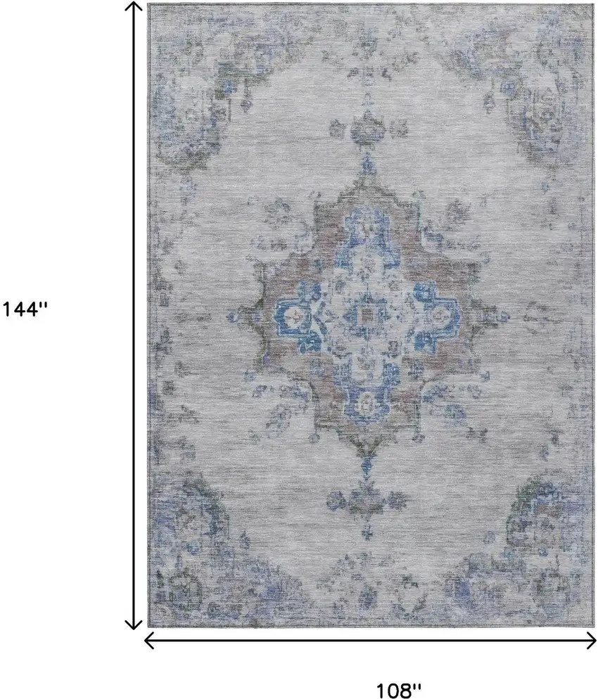 Silver And Blue Medallion Washable Indoor Outdoor Area Rug Photo 3