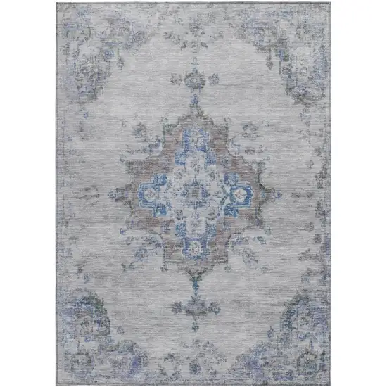 Silver And Blue Medallion Washable Indoor Outdoor Area Rug Photo 4