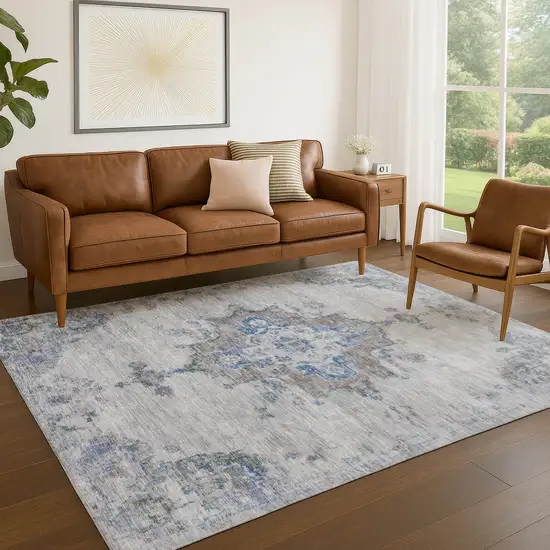 Silver And Blue Medallion Washable Indoor Outdoor Area Rug Photo 9