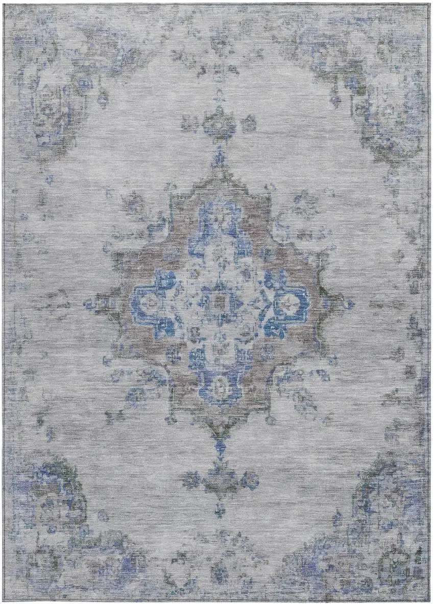 Silver And Blue Medallion Washable Indoor Outdoor Area Rug Photo 5