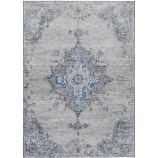 Silver And Blue Medallion Washable Indoor Outdoor Area Rug Photo 2