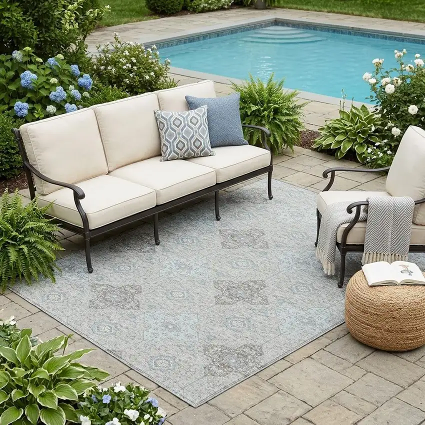 Silver And Brown Damask Washable Indoor Outdoor Area Rug Photo 1