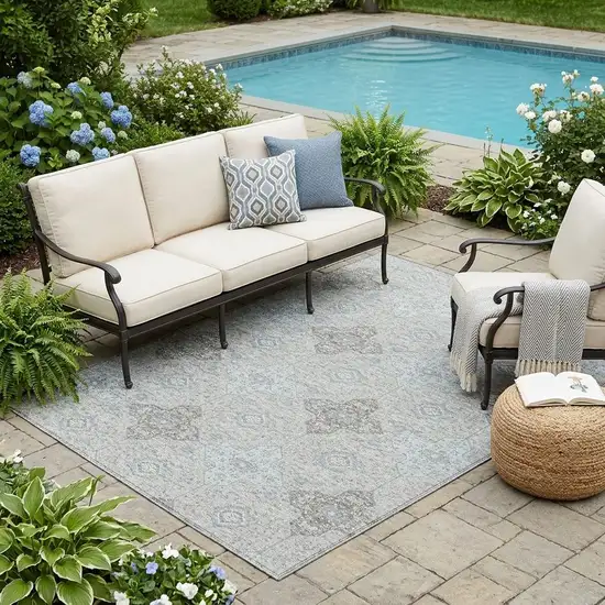 Silver And Brown Damask Washable Indoor Outdoor Area Rug Photo 1