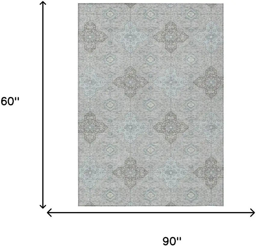 Silver And Brown Damask Washable Indoor Outdoor Area Rug Photo 7